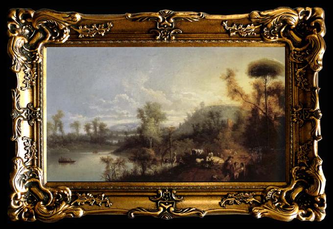 framed  Manuel Barron Y Carrillo River Landscape with Figures and Cattle, Ta017